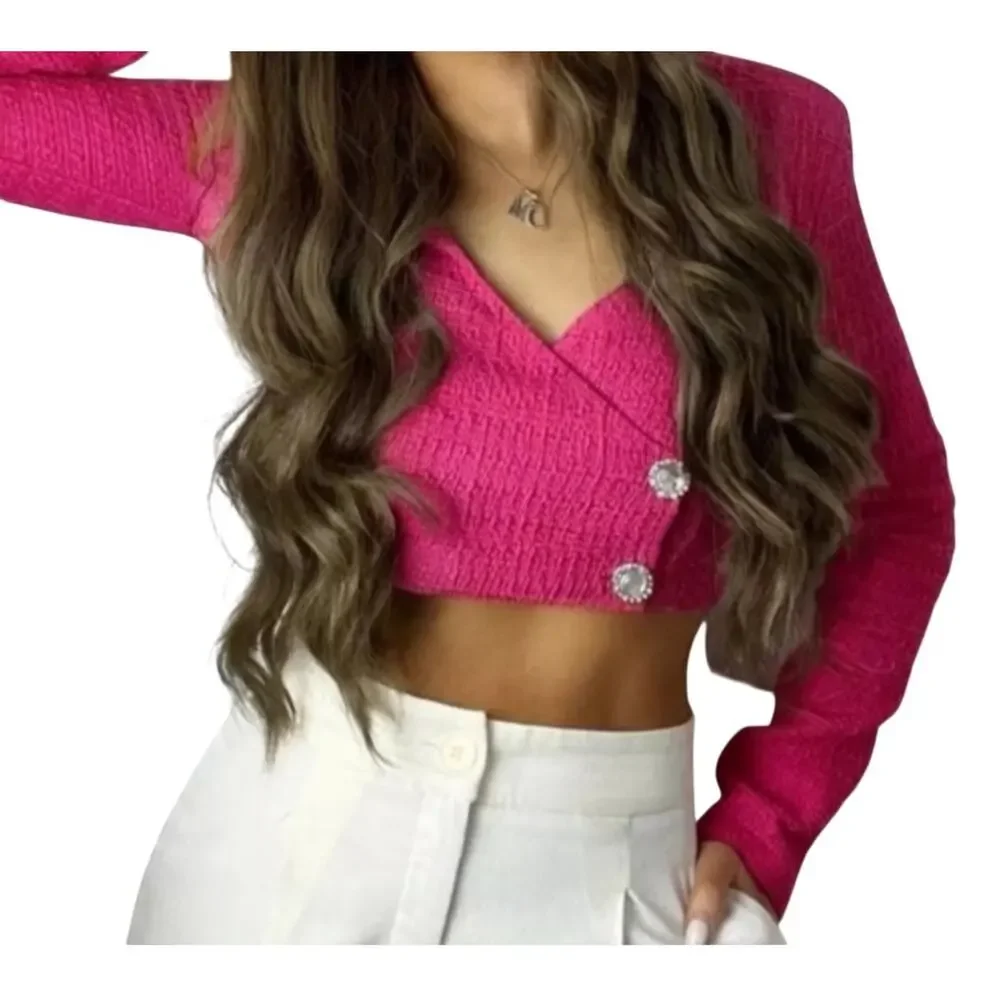 Zara Blouse Womens Medium Pink Cropped V Neck Rhinestone Button Long Sleeve NWT